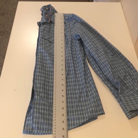 Laura Scott Checkered Button Up Roll Tab Sleeves Top Small - Picture 7 of 8